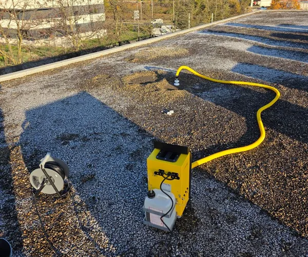 Générateur de fumée jaune raccordé à un tuyau sur une toiture-terrasse gravillonnée